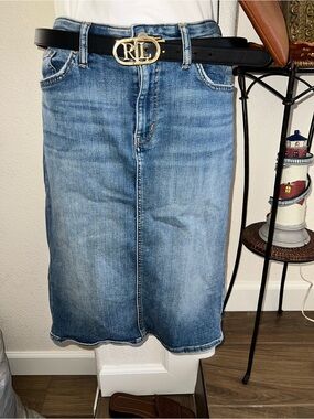 Ralph Lauren Blue Denim Jean Skirt with Brown Leather Patch